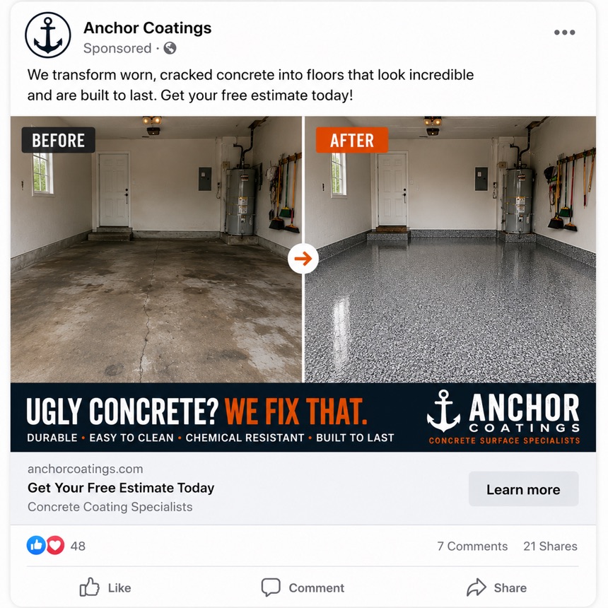 Facebook ad for Anchor Coatings: before and after garage floor photos with the headline Ugly Concrete? We Fix That.